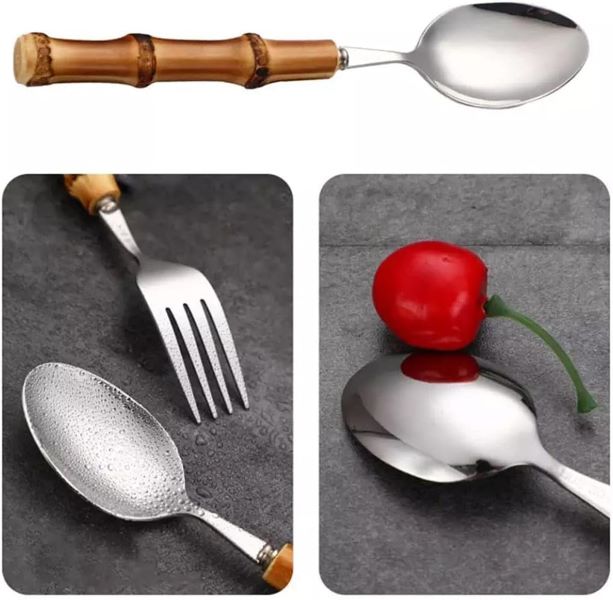 Juego de Cubiertos de Acero Inoxidable con Mango de Bambu