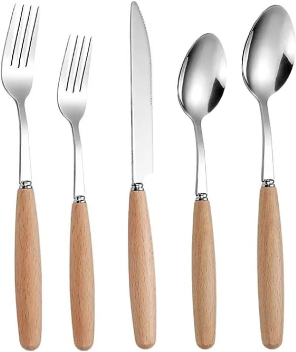 Juego de 5 Cubiertos de Acero Inoxidable con Mango de Madera
