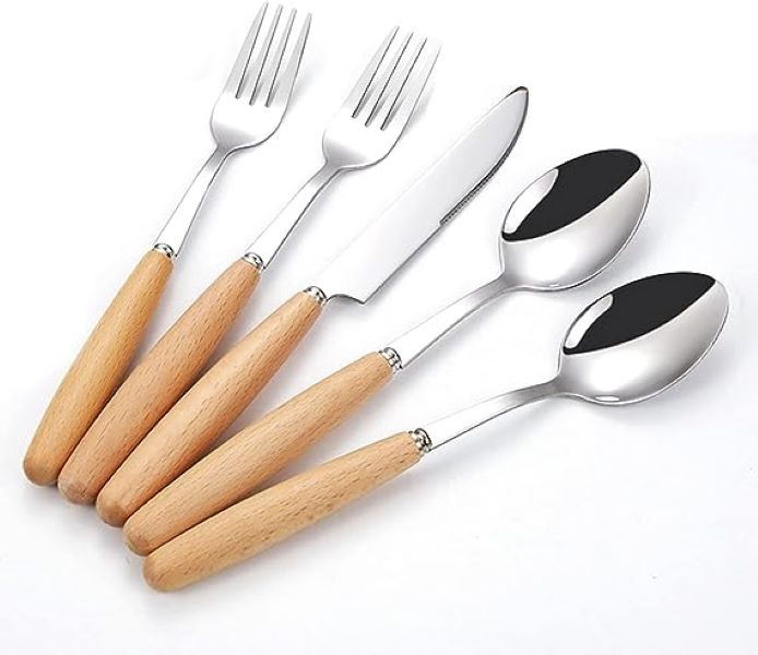 Juego de 5 Cubiertos de Acero Inoxidable con Mango de Madera