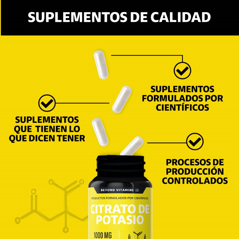 Suplemento Alimenticio Beyond Vitamins Citrato de Potasio 1000mg | Platano en Polvo, Curcuma y Semilla de uva 60 cápsulas