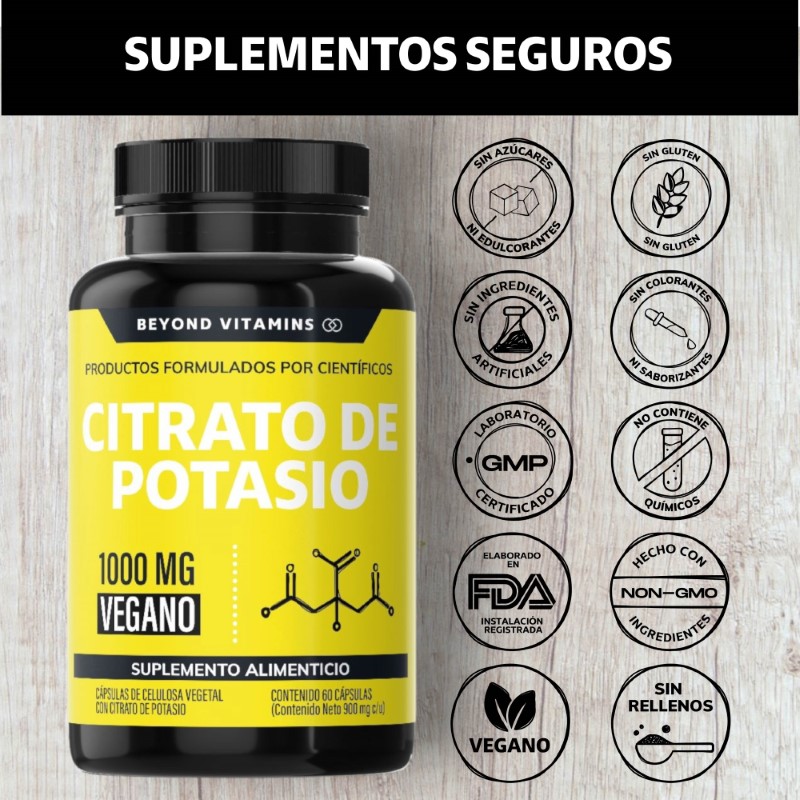 Suplemento Alimenticio Beyond Vitamins Citrato de Potasio 1000mg | Platano en Polvo, Curcuma y Semilla de uva 60 cápsulas