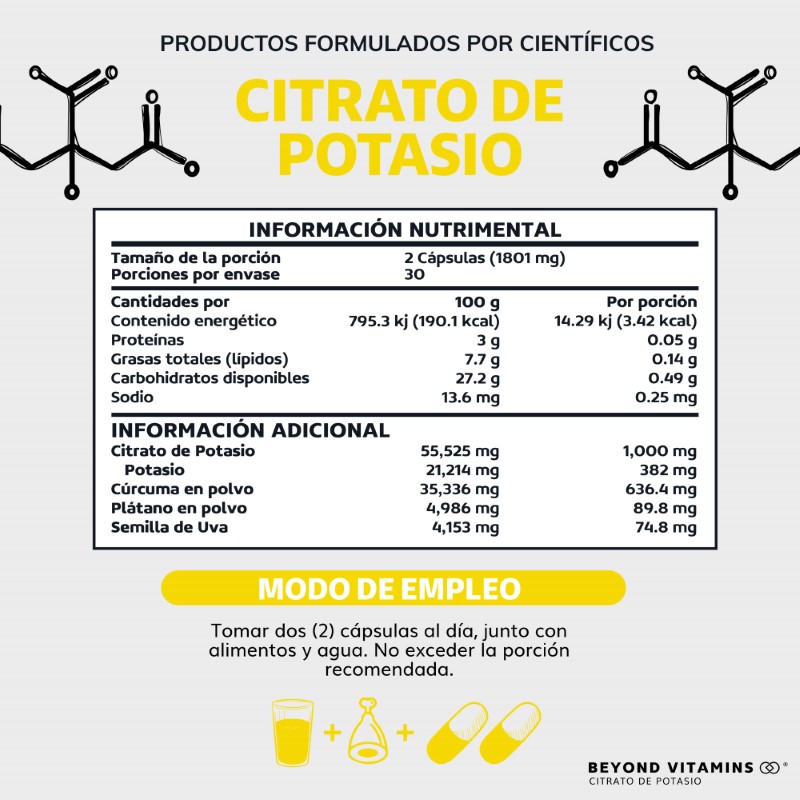 Suplemento Alimenticio Beyond Vitamins Citrato de Potasio 1000mg | Platano en Polvo, Curcuma y Semilla de uva 60 cápsulas