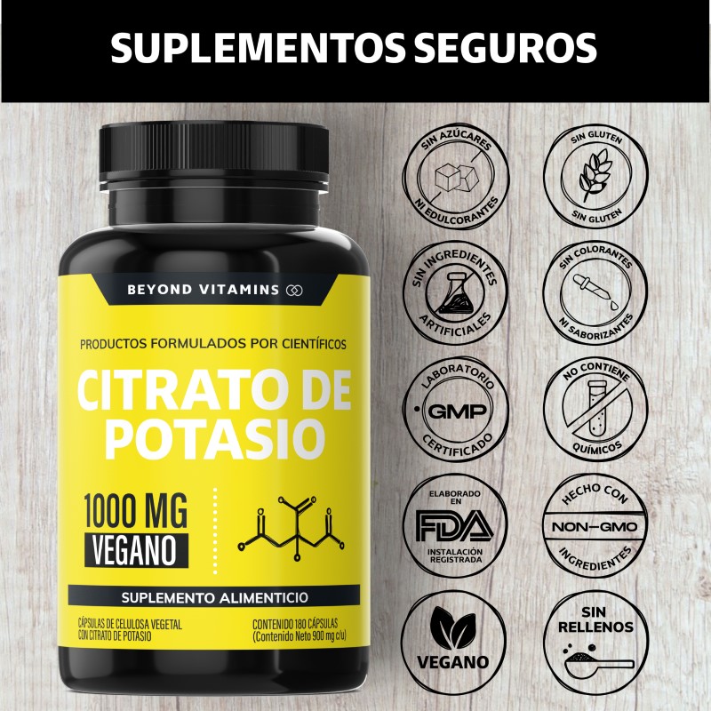 Suplemento Alimenticio Beyond Vitamins Citrato de Potasio 1000mg | Platano en Polvo, Curcuma y Semilla de uva 180 cápsulas