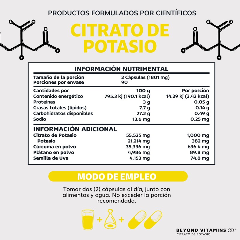 Suplemento Alimenticio Beyond Vitamins Citrato de Potasio 1000mg | Platano en Polvo, Curcuma y Semilla de uva 180 cápsulas