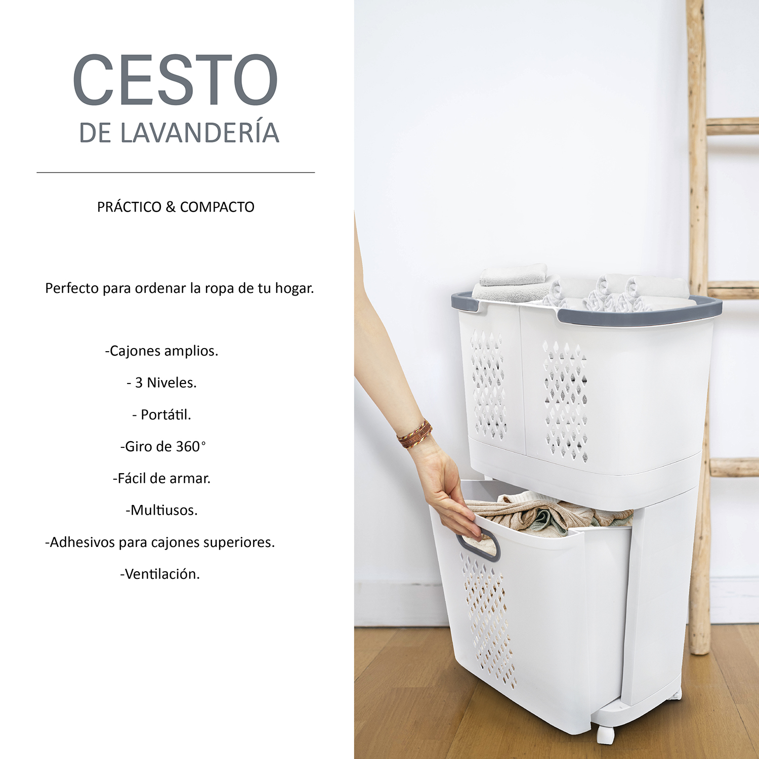Cesto De Ropa Plástico Con Ruedas 3 Cestas Desmontables