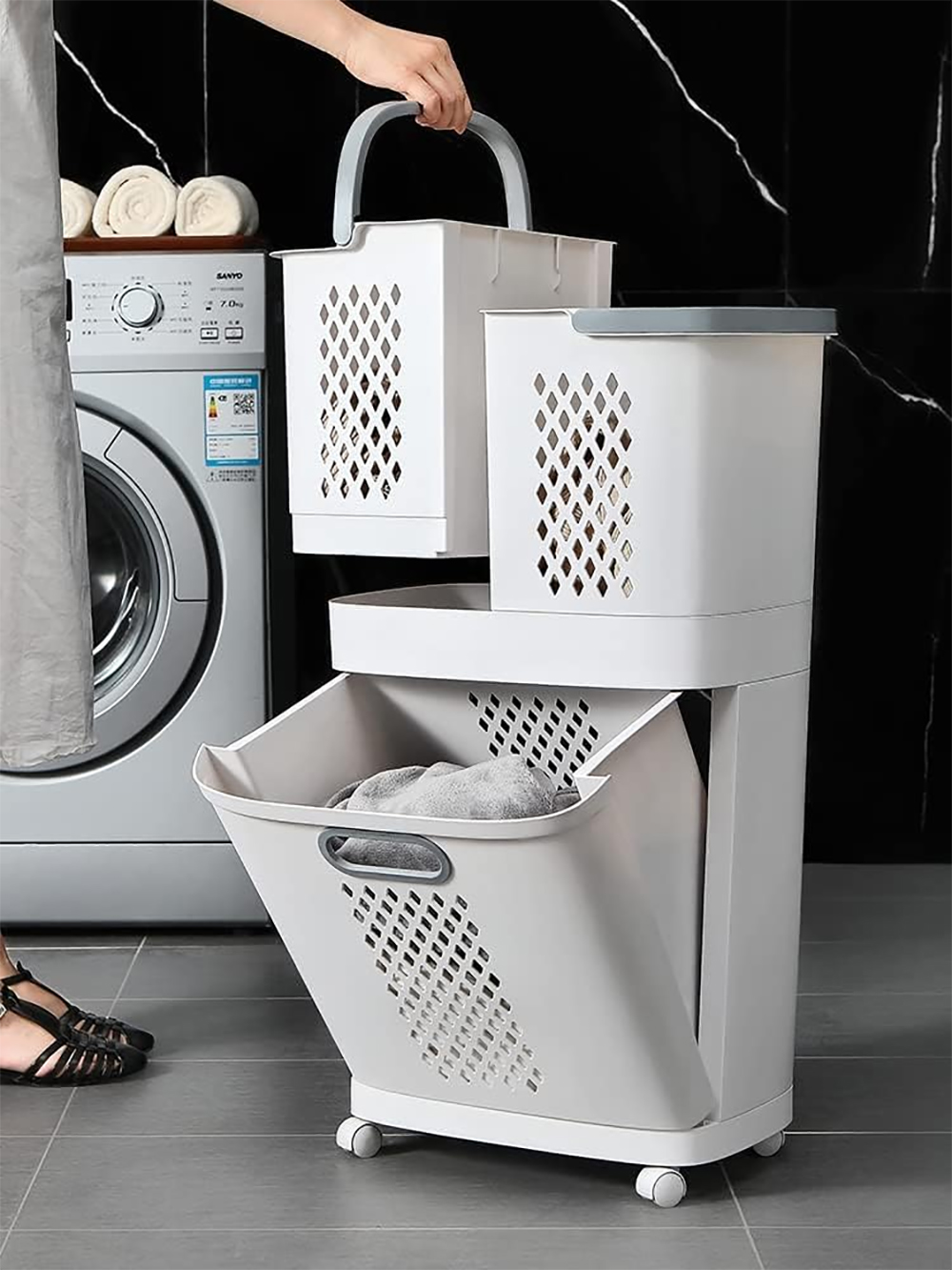 Cesto De Ropa Plástico Con Ruedas 3 Cestas Desmontables