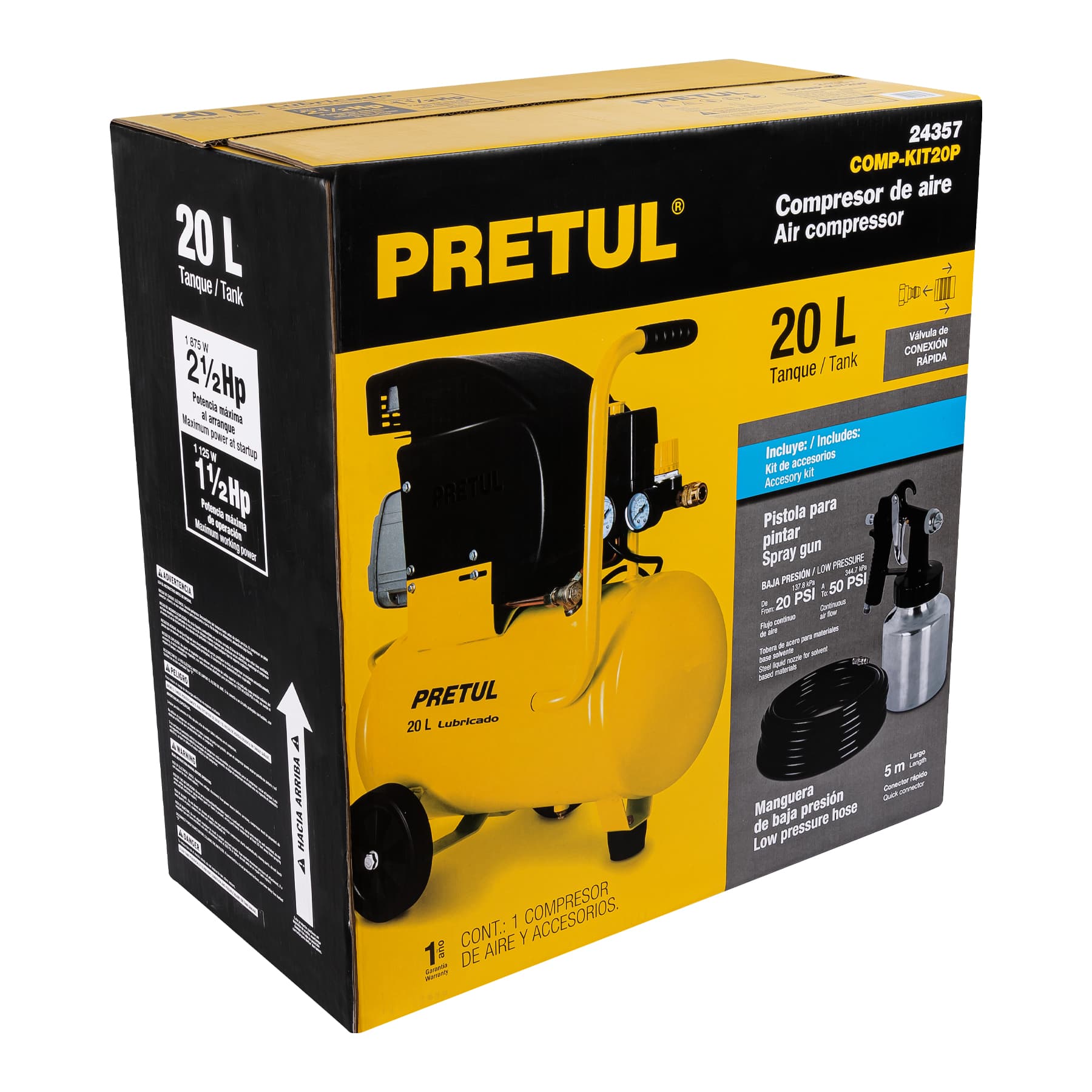 KIT, COMPRESOR 20L, 2-1/2 HP, MANGUERA PVC Y PISTOLA, PRETUL