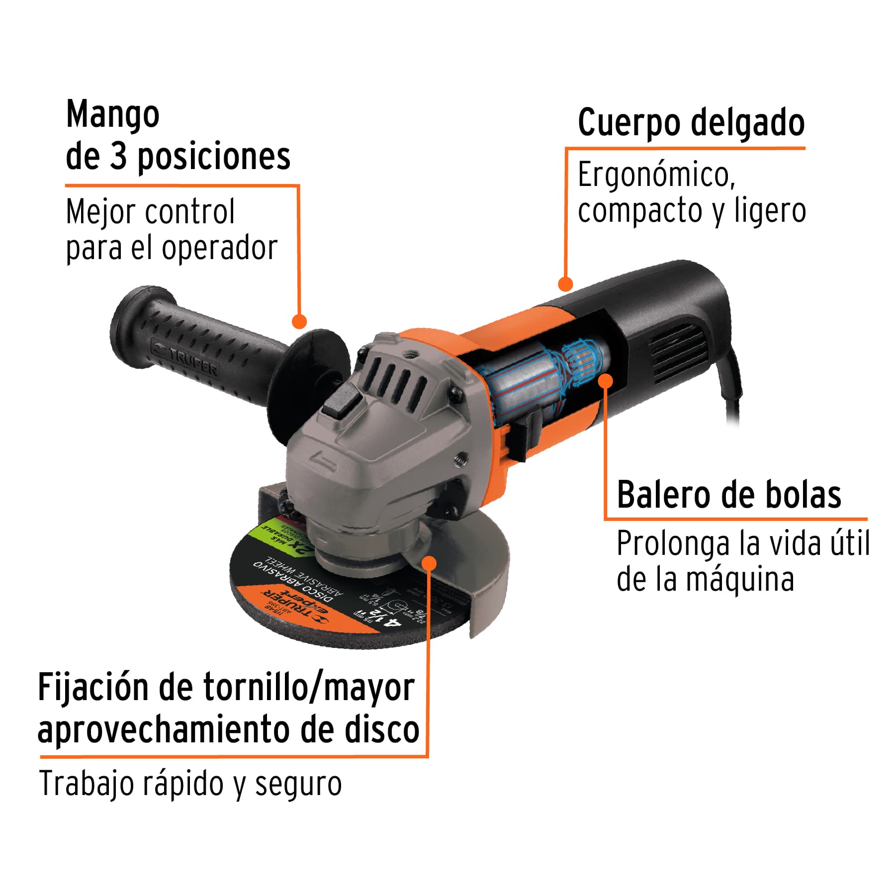 ESMERILADORA ANGULAR 4-1/2" 800 W, PROFESIONAL, TRUPER 16683 