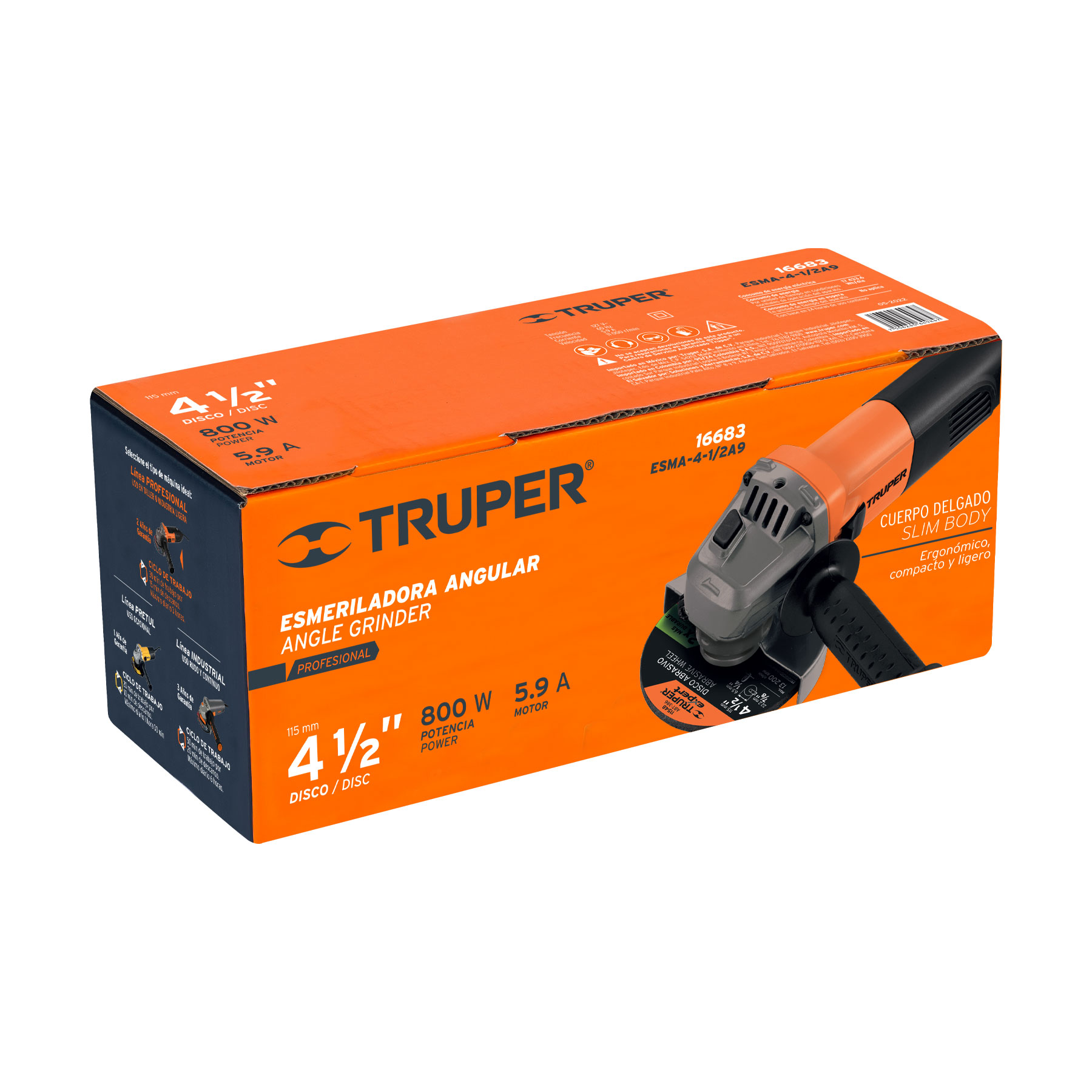 ESMERILADORA ANGULAR 4-1/2" 800 W, PROFESIONAL, TRUPER 16683 