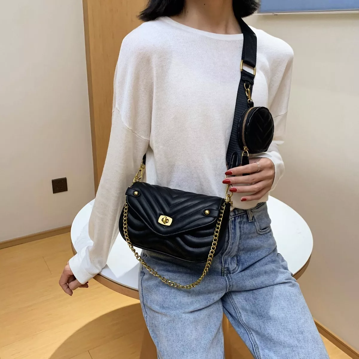 Bolsa Bandolera Moderna Para Mujer Con Bolsillo, 3 En 1 negro