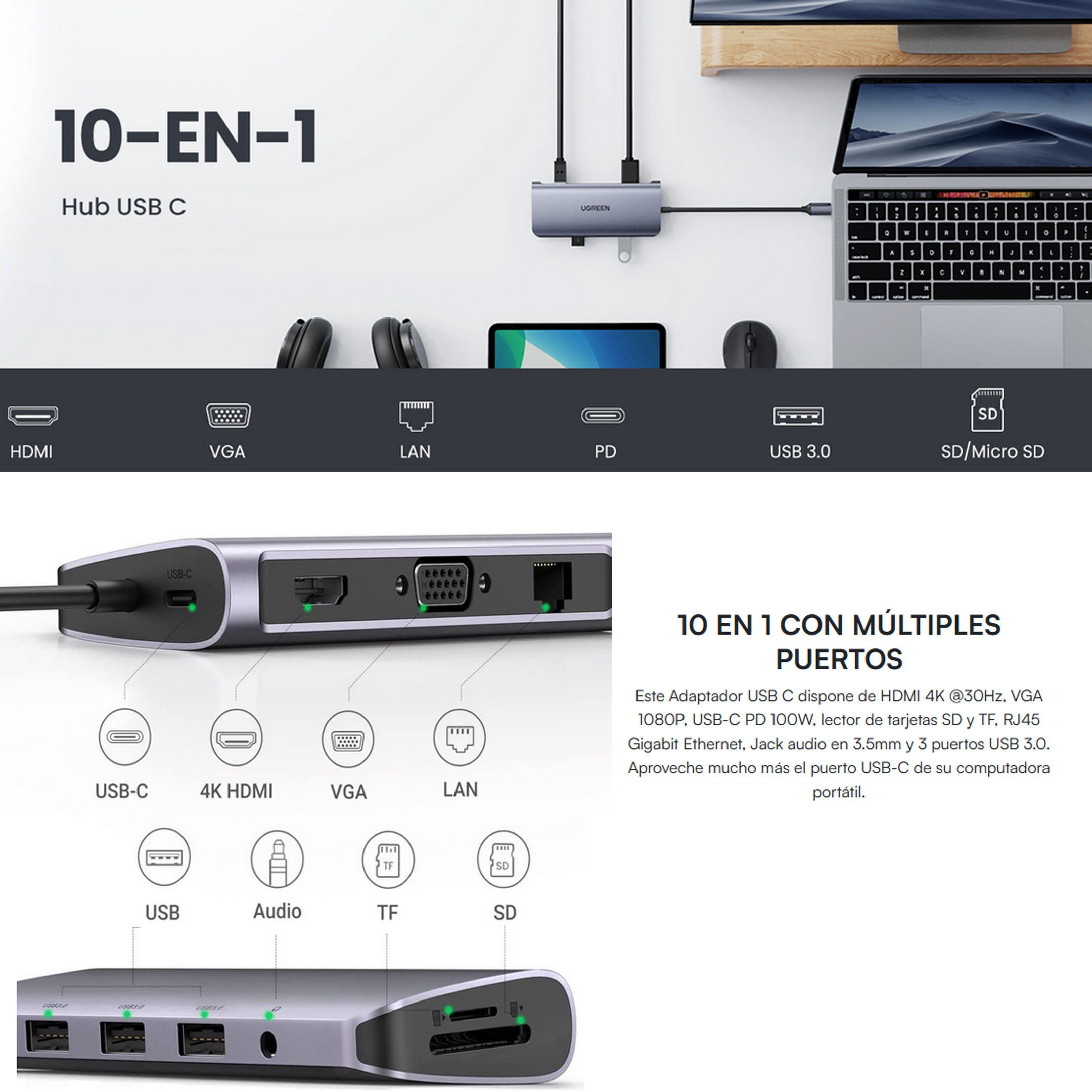 Hub Usb-c Multipuertos A 3 Usb 3.0 Hdmi 4k A 30hz, ethernet, vga Y Carga Rapida Ugreen
