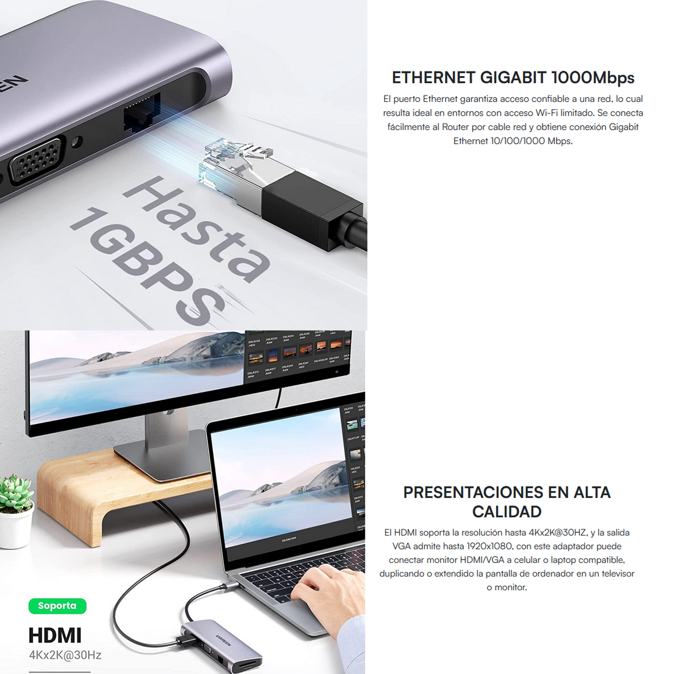Hub Usb-c Multipuertos A 3 Usb 3.0 Hdmi 4k A 30hz, ethernet, vga Y Carga Rapida Ugreen