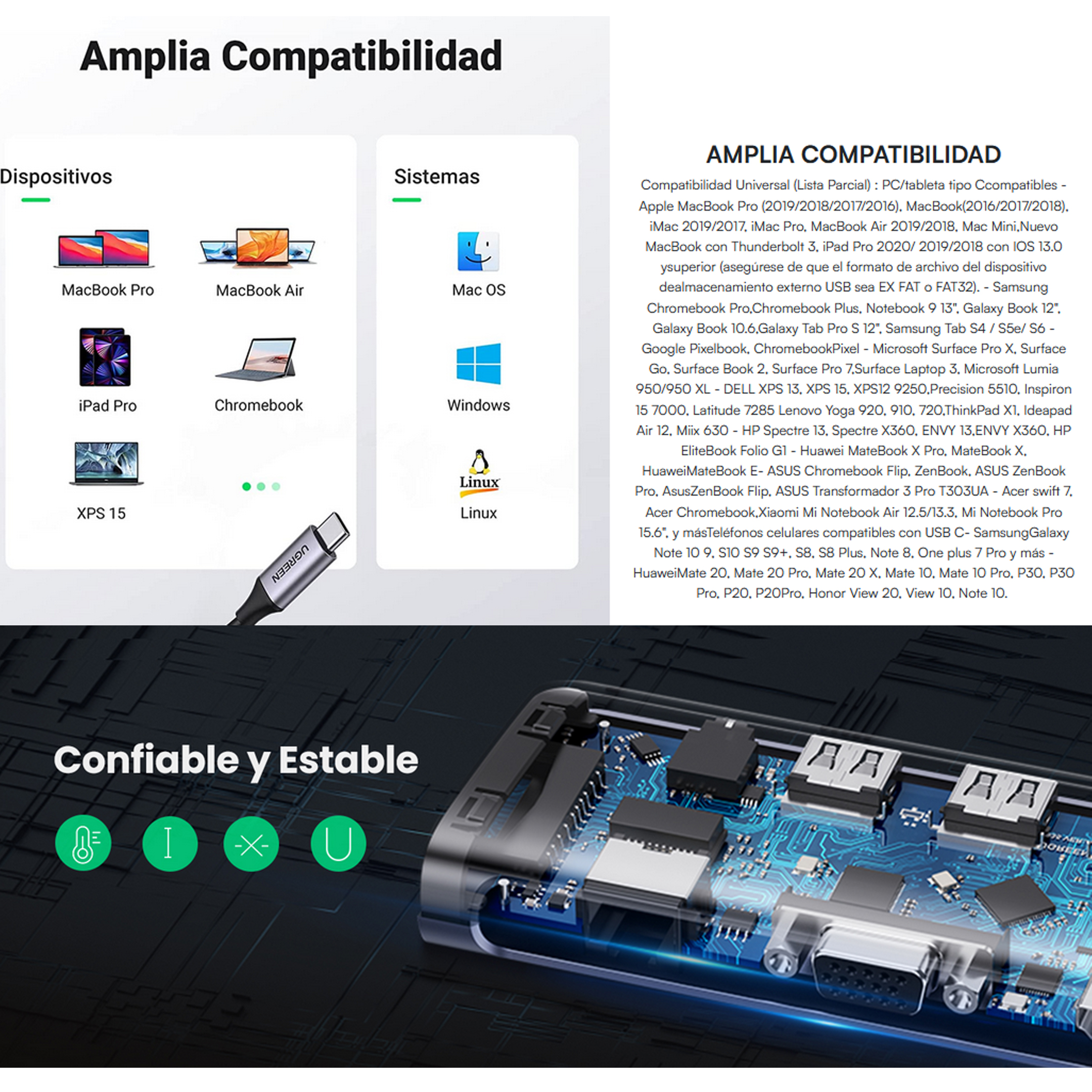Hub Usb-c Multipuertos A 3 Usb 3.0 Hdmi 4k A 30hz, ethernet, vga Y Carga Rapida Ugreen