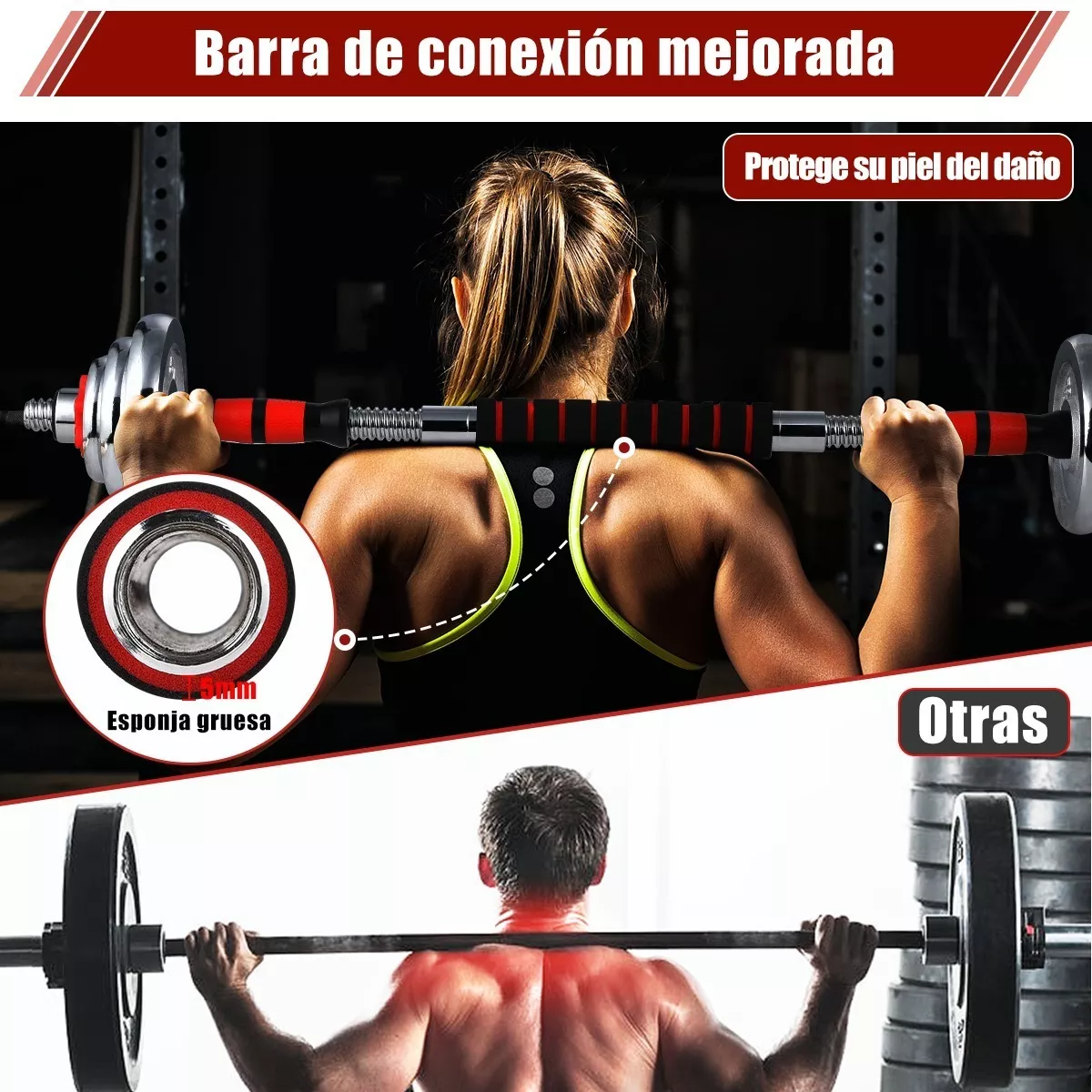 Kit De Mancuernas, Barra Con Pesas Para Gimnasio De 20 Kg Rojo/Negro