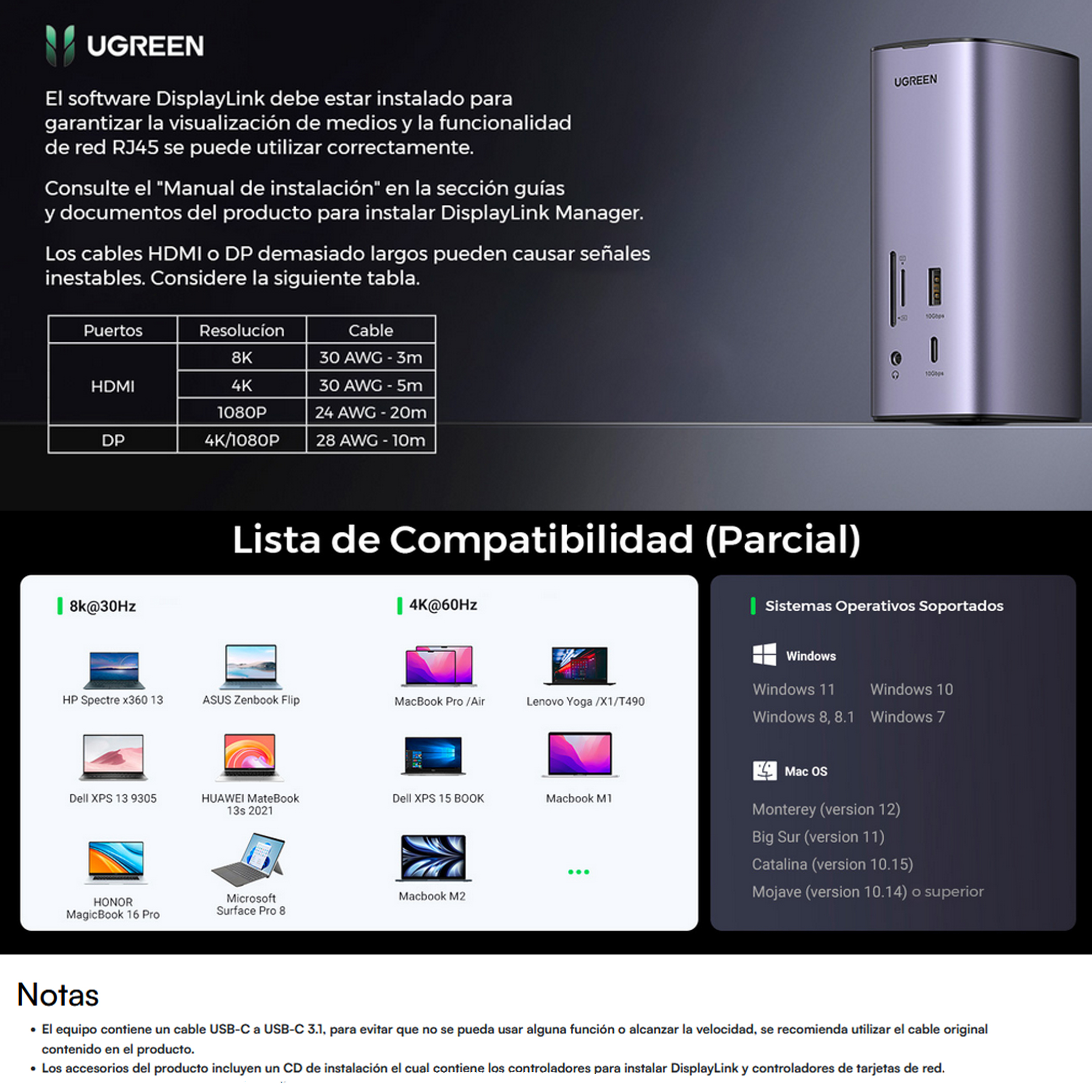 Hub Usb-c Multipuertos Hdmi 4k , Hdmi 8k Ultra Hd, Display Port 4k, Rj45 Ethernet, 12 En 1 Ugreen