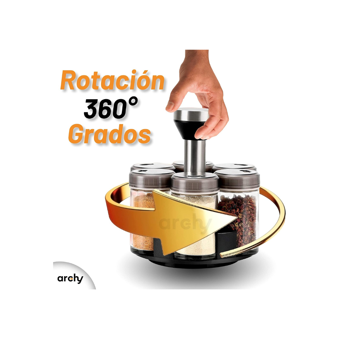 Especiero Giratorio Organizador de Especias Condimentos Hierbas Carrusel de Frascos con 6 Tarros Cristal 360 grados Especieros para Hogar Cocina Botes