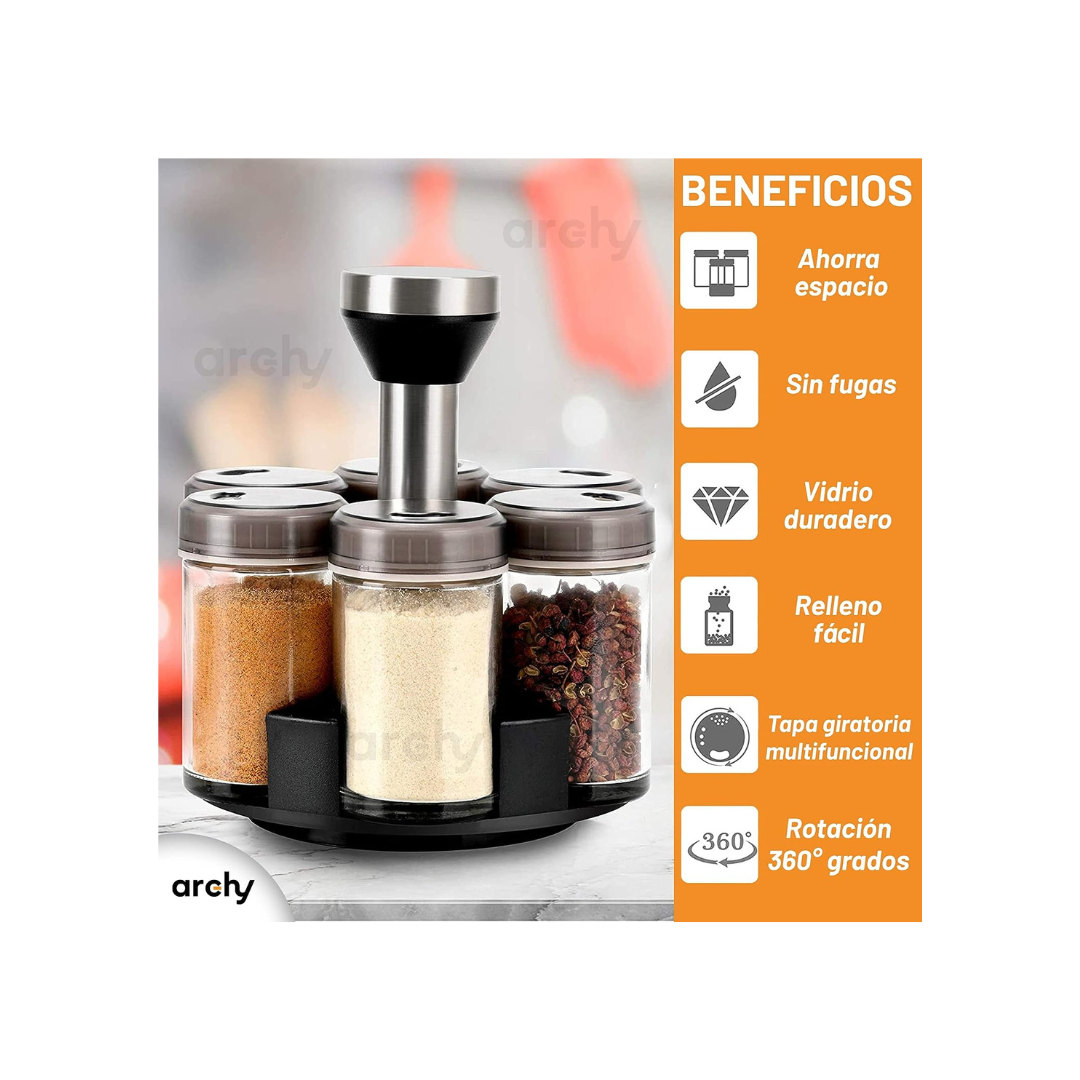Especiero Giratorio Organizador de Especias Condimentos Hierbas Carrusel de Frascos con 6 Tarros Cristal 360 grados Especieros para Hogar Cocina Botes