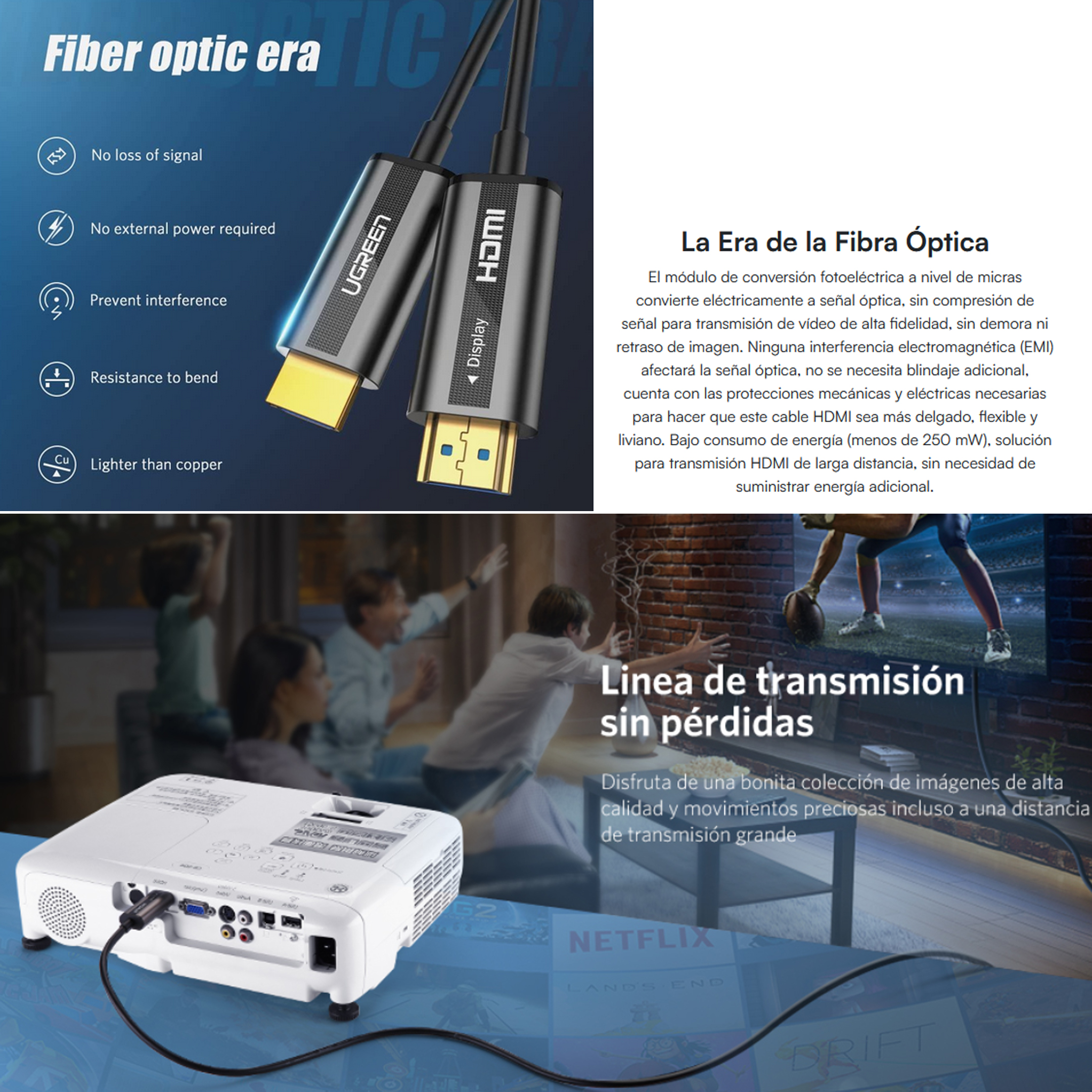 Cable Hdmi De 20 Metros Por Fibra Óptica 4ka60hz Compatible Con Hdmi 2.0 / Alta Velocidad 18 Gbps