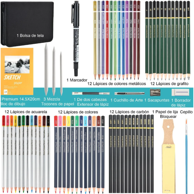 Kit De Lápices De Dibujo Y Boceto Con Accesorios H&b 71pzs.