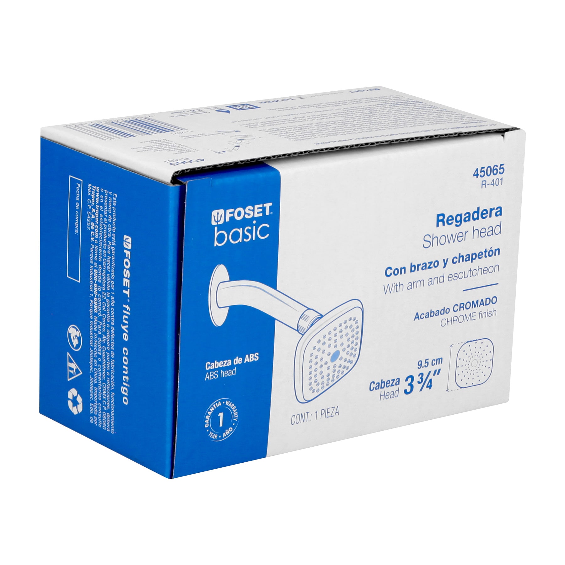 REGADERA CUADRADA 3-3/4" BRAZO Y CHAPETÓN DE ACERO, FOSET 45065