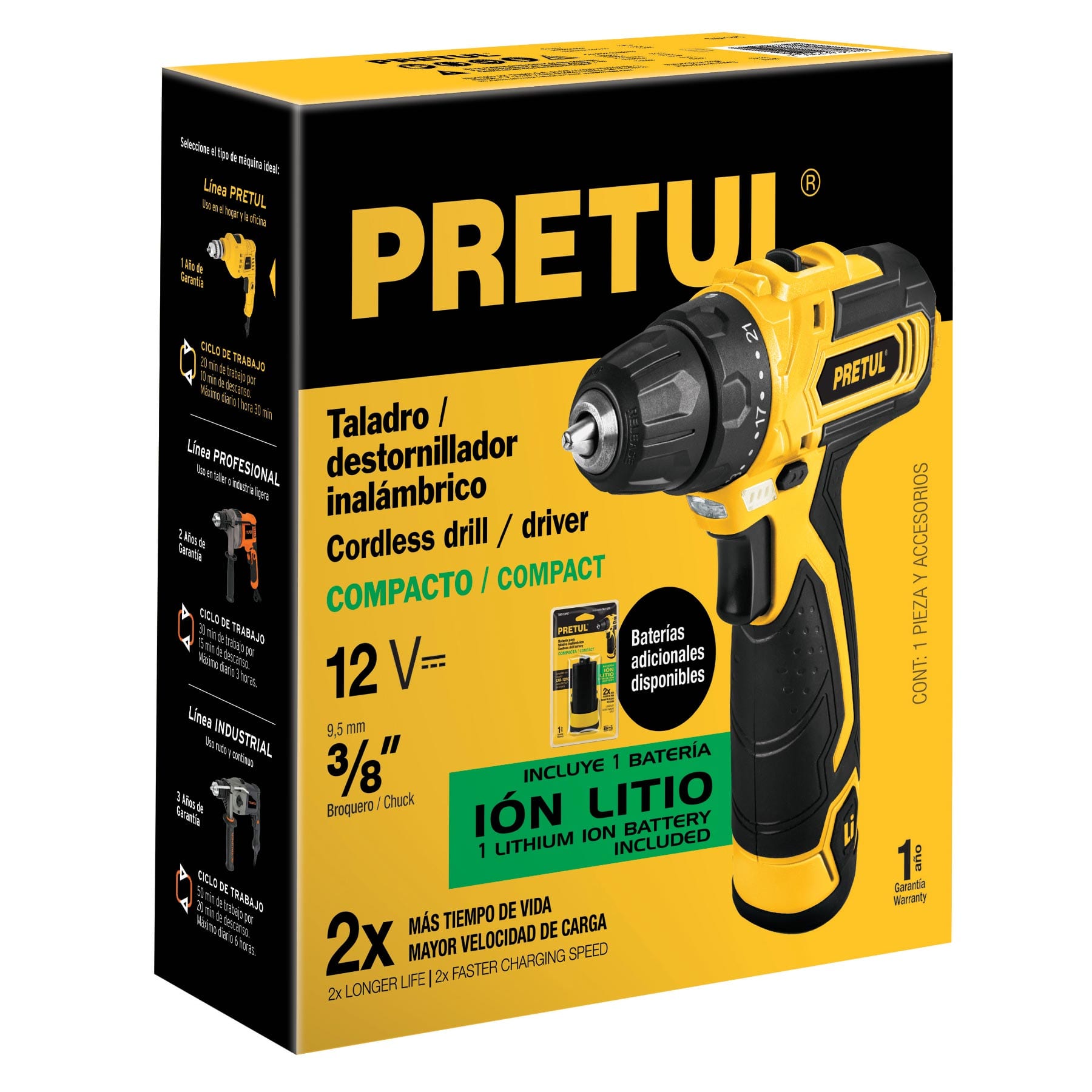 TALADRO INALÁMBRICO COMPACTO 3/8", 12 V, PRETUL 27078