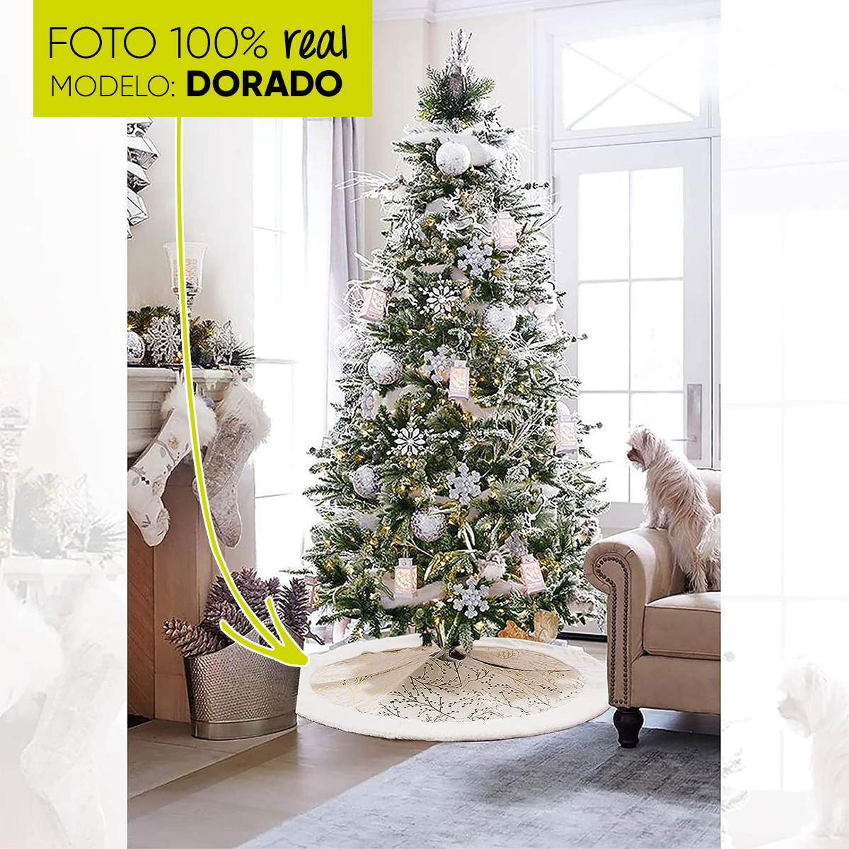 Pie de árbol navidad navideño blanco con impresión dorada metálica 122cm diámetro Artego.