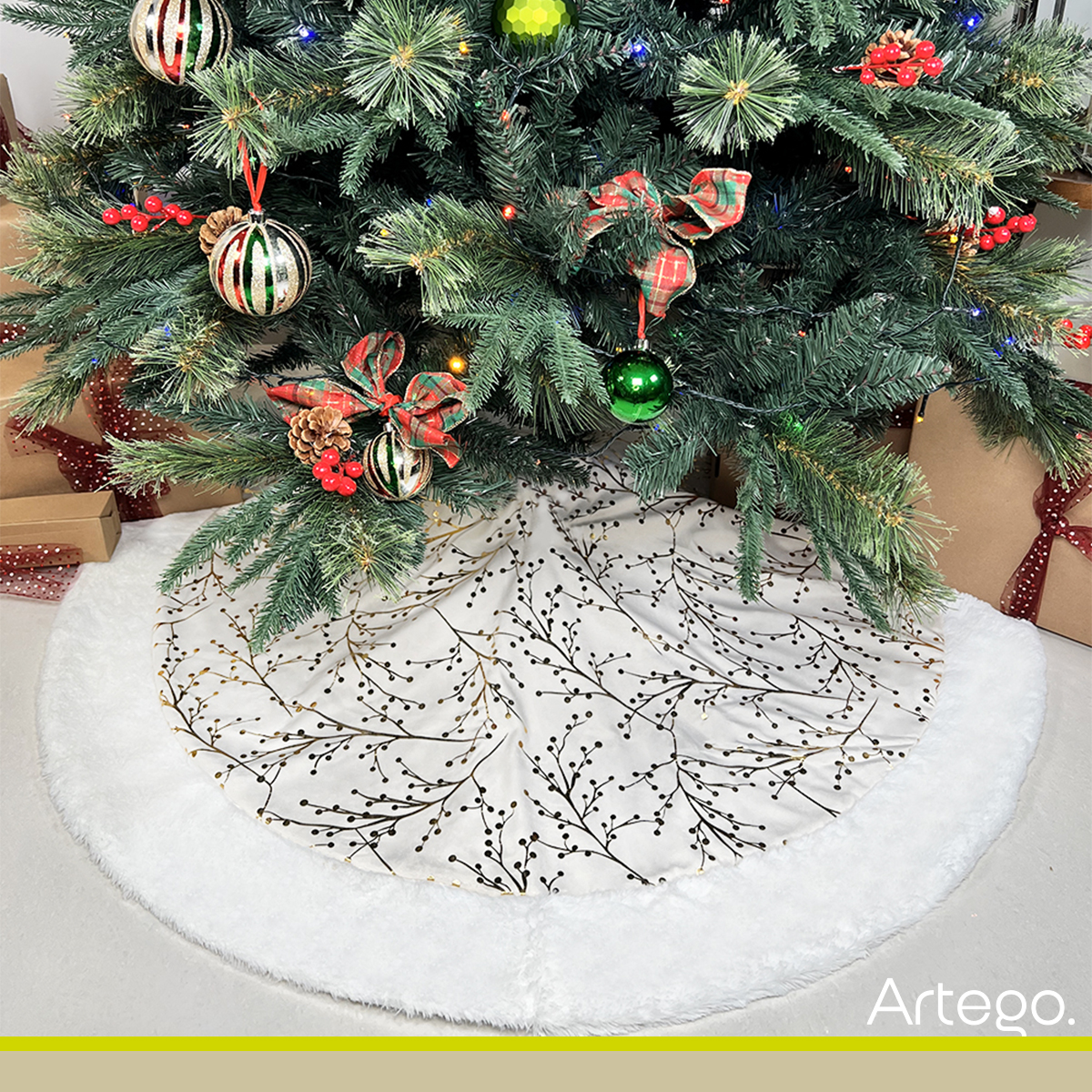 Pie de árbol navidad navideño blanco con impresión dorada metálica 122cm diámetro Artego.