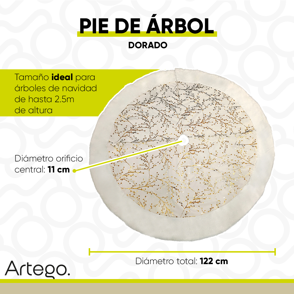 Pie de árbol navidad navideño blanco con impresión dorada metálica 122cm diámetro Artego.