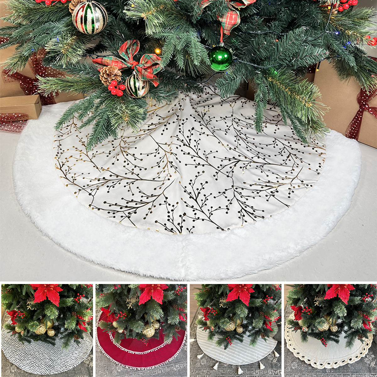 Pie de árbol navidad navideño blanco con impresión dorada metálica 122cm diámetro Artego.