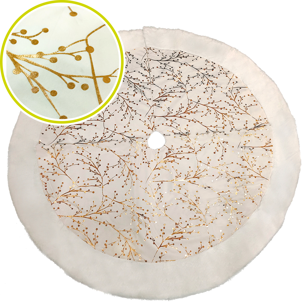 Pie de árbol navidad navideño blanco con impresión dorada metálica 122cm diámetro Artego.