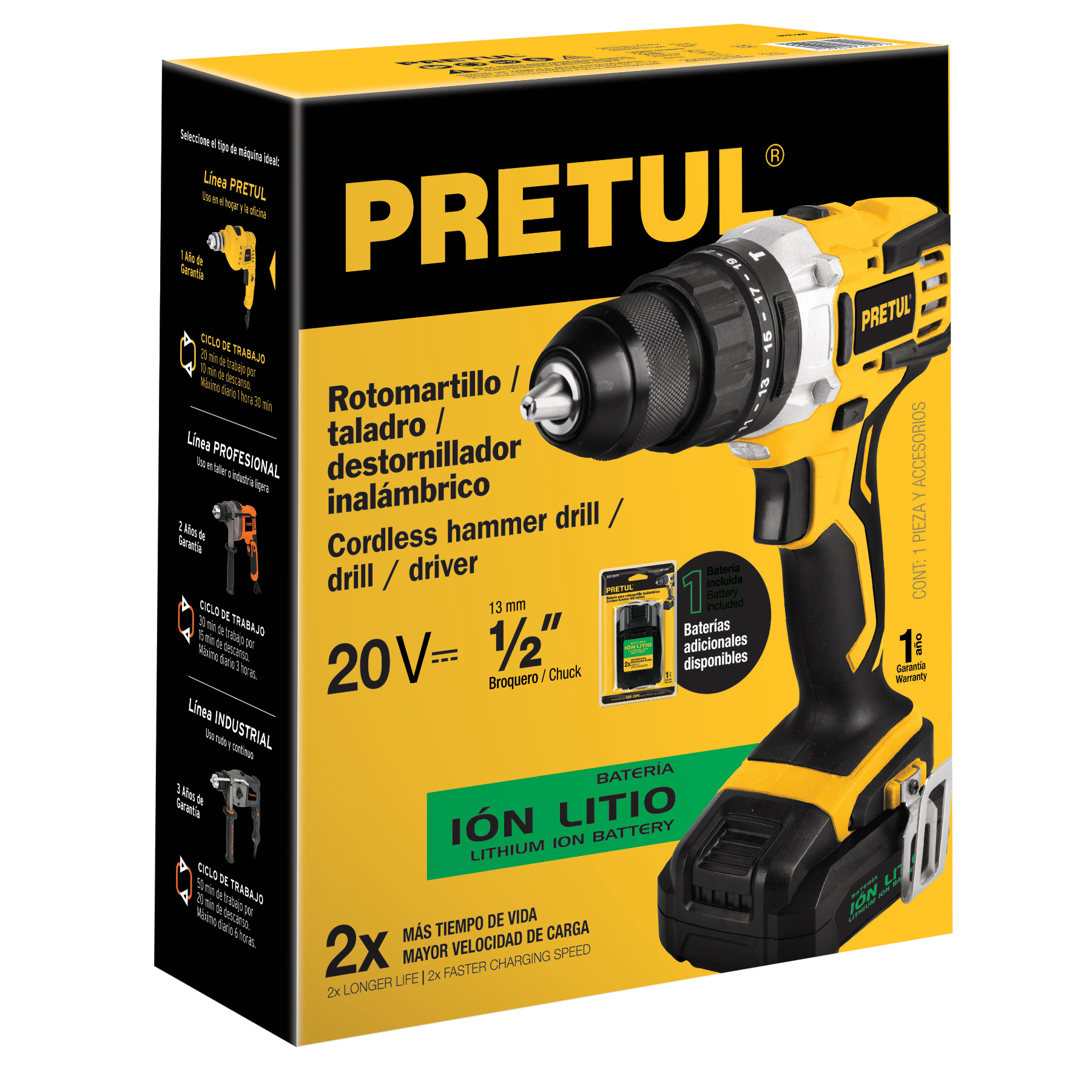 ROTOMARTILLO INALÁMBRICO, BATERÍA ION LITIO, 20 V, PRETUL 27082