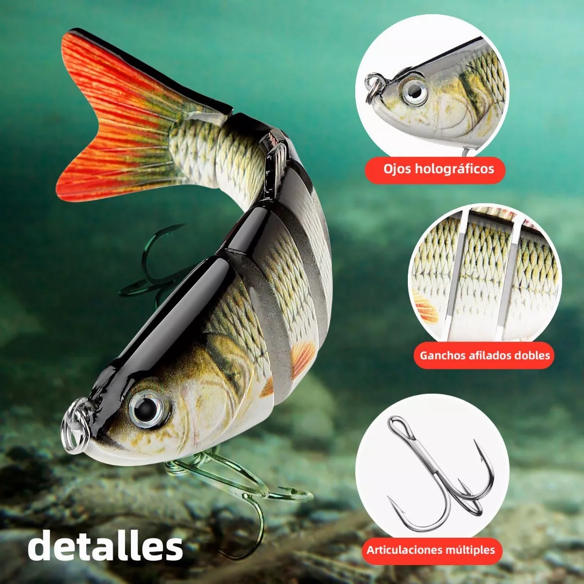 Comprar con ganchos dobles Señuelos de pesca de lubina de simulación de ojo  de pez 3D Señuelo de hundimiento lento Swimbait de 2 articulaciones