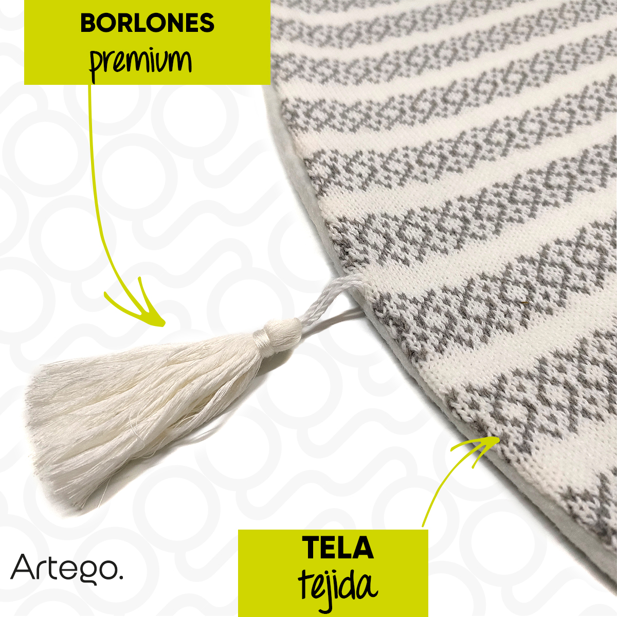 Pie de árbol navidad navideño tejido beige bicolor con borlones 122cm diámetro Artego.