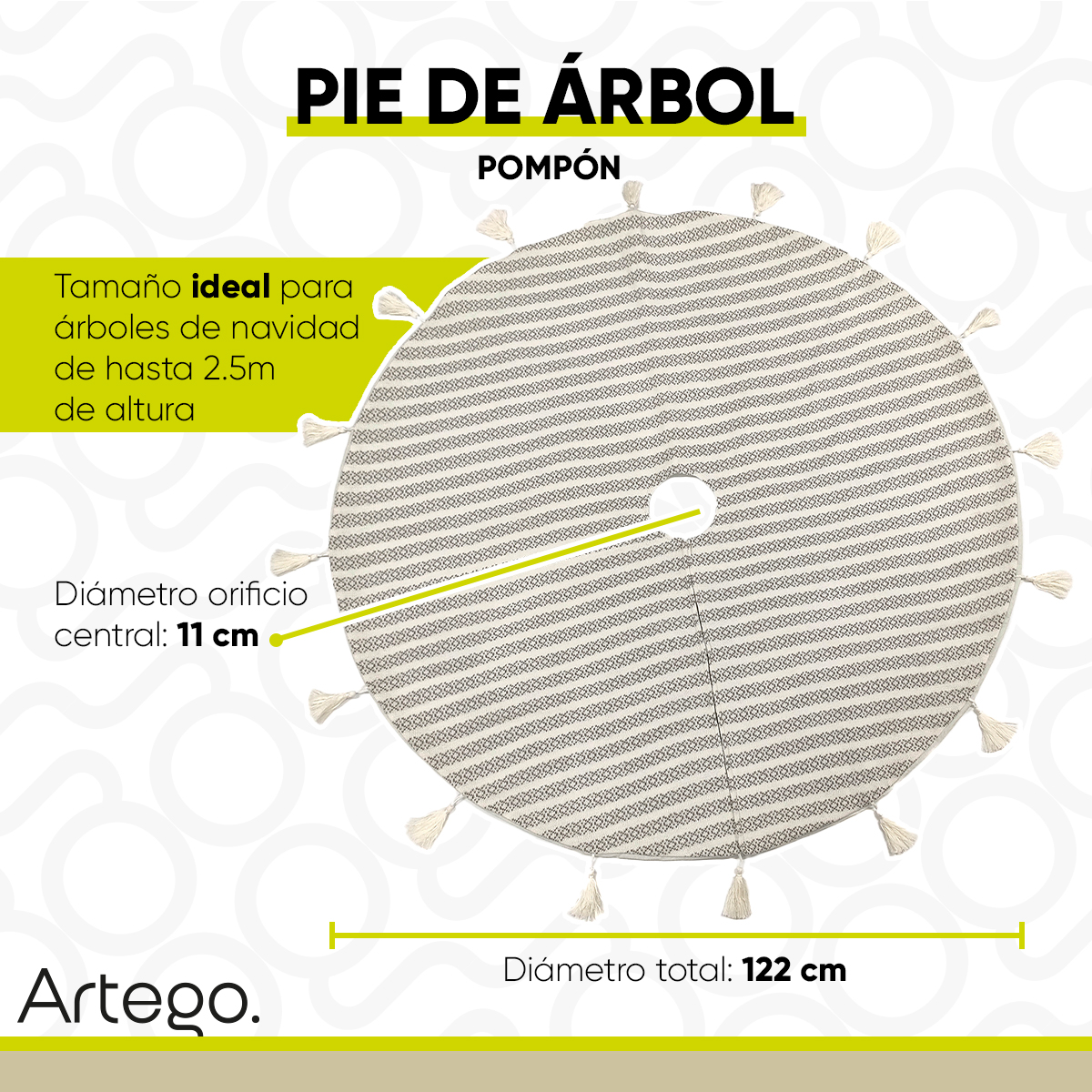 Pie de árbol navidad navideño tejido beige bicolor con borlones 122cm diámetro Artego.