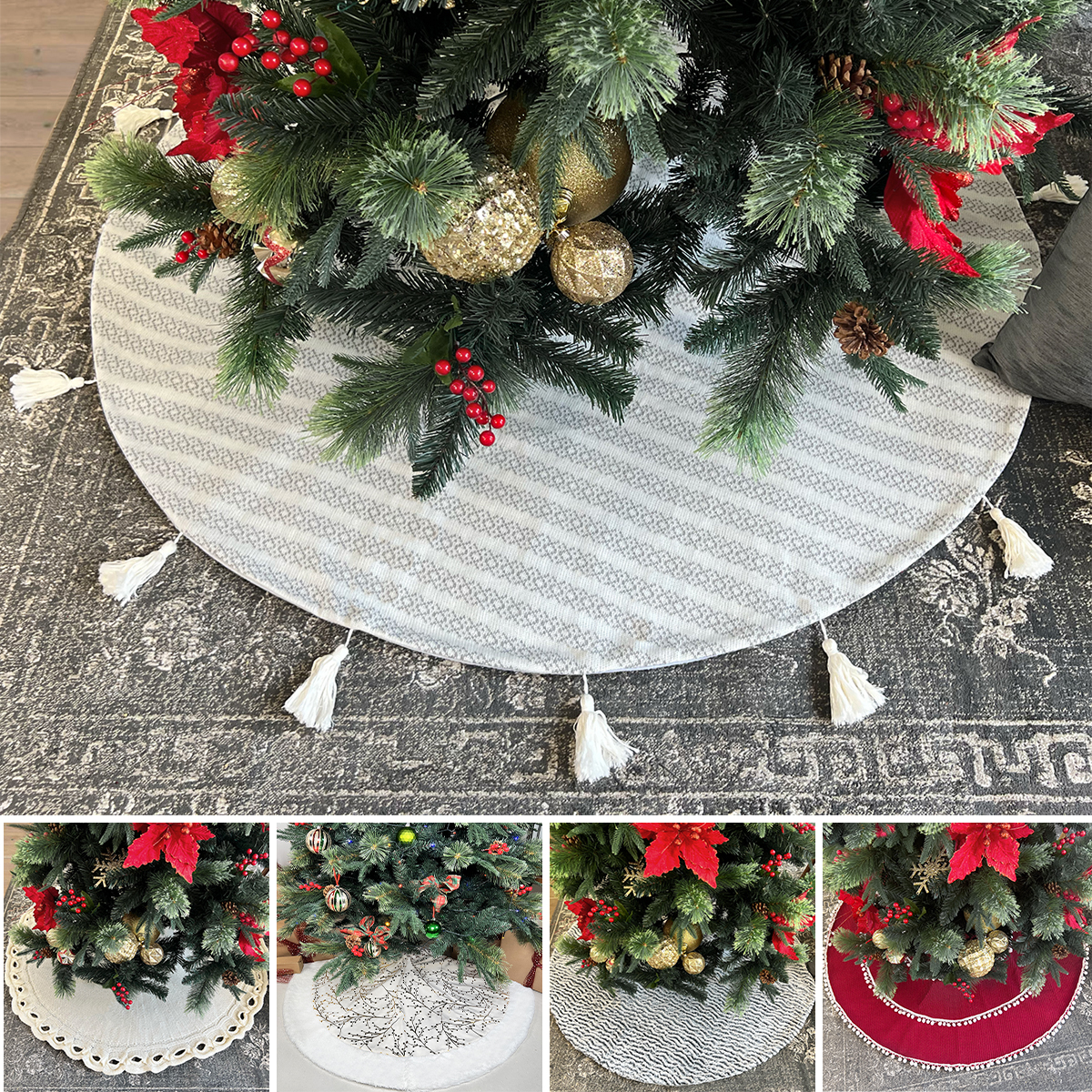 Pie de árbol navidad navideño tejido beige bicolor con borlones 122cm diámetro Artego.