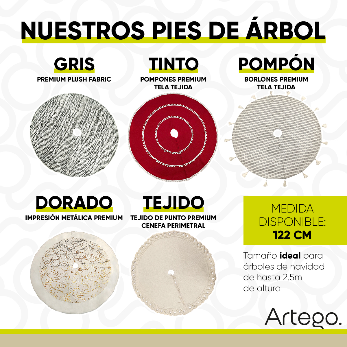 Pie de árbol navidad navideño tejido beige bicolor con borlones 122cm diámetro Artego.