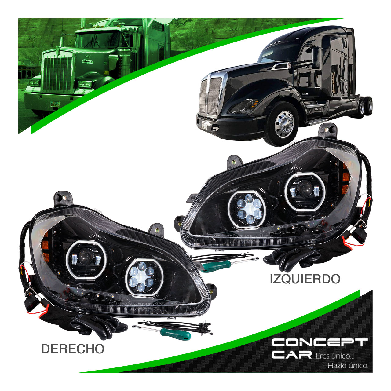 Par Faro Undad Principal Kenworth T680 Negro Proyector Led