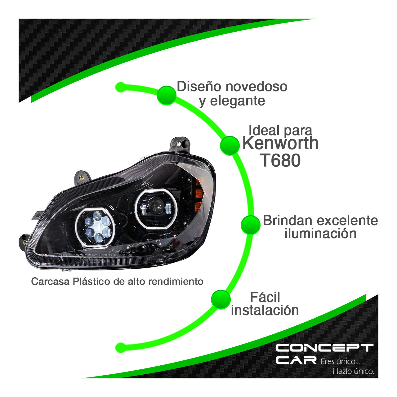 Par Faro Undad Principal Kenworth T680 Negro Proyector Led