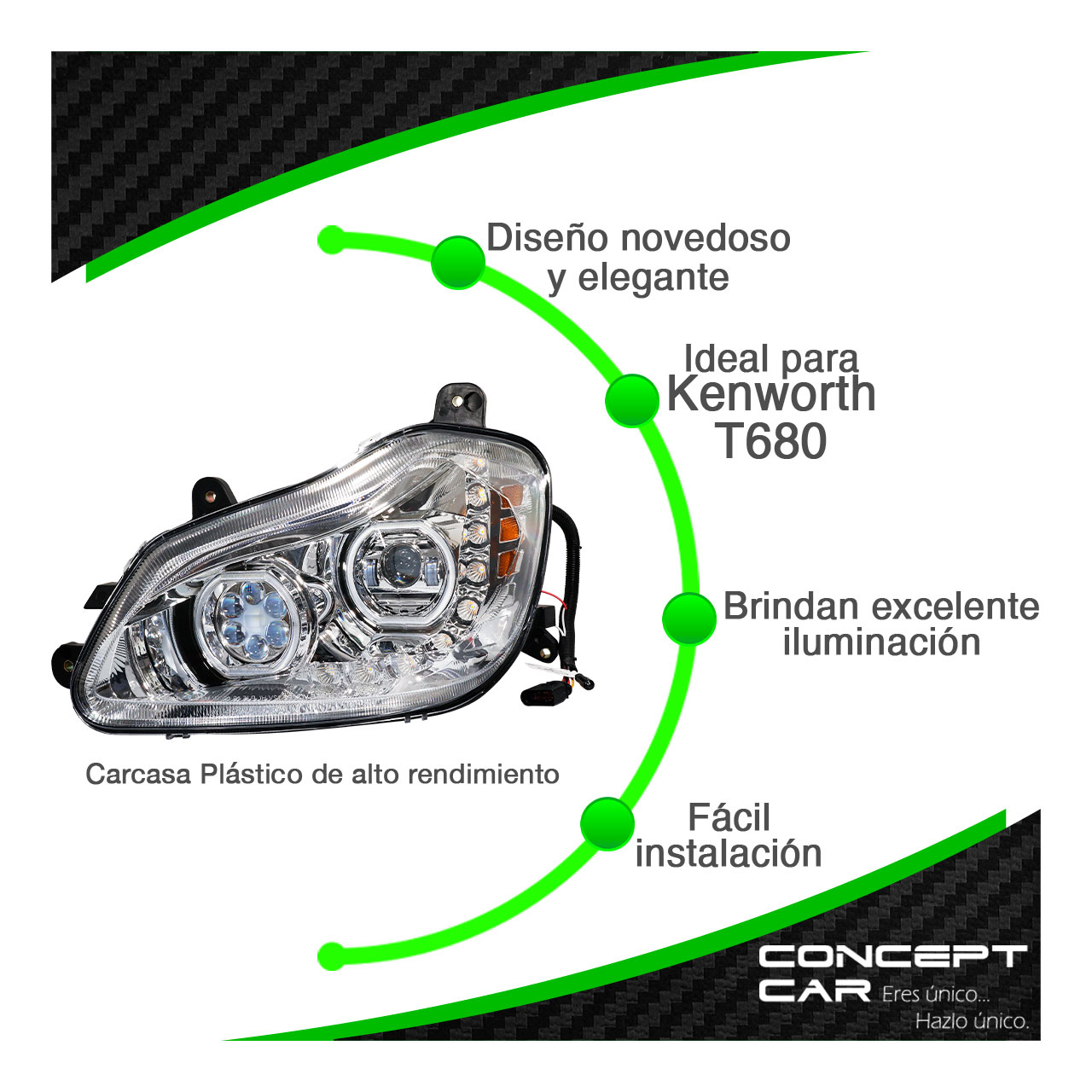 Faro Undad Principal Kenworth T680 Cromo Proyector Led