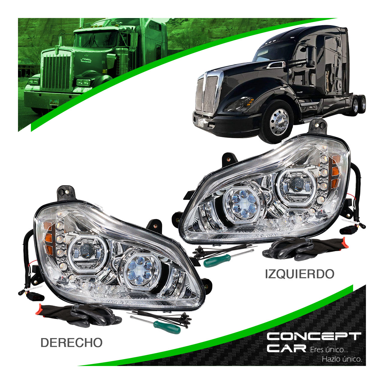 Par Faro Unidad Principal Kenworth T680 Cromo Proyector Led