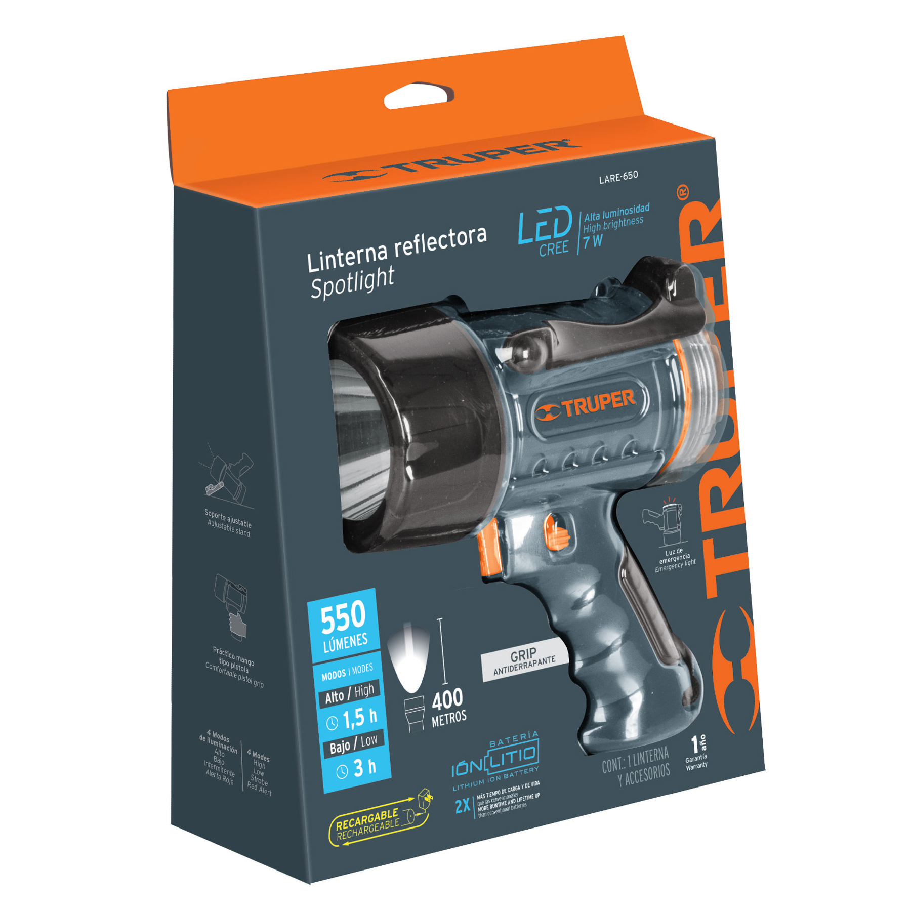 LÁMPARA RECARGABLE DE LED 550 LM ALTA POTENCIA, TRUPER 12984