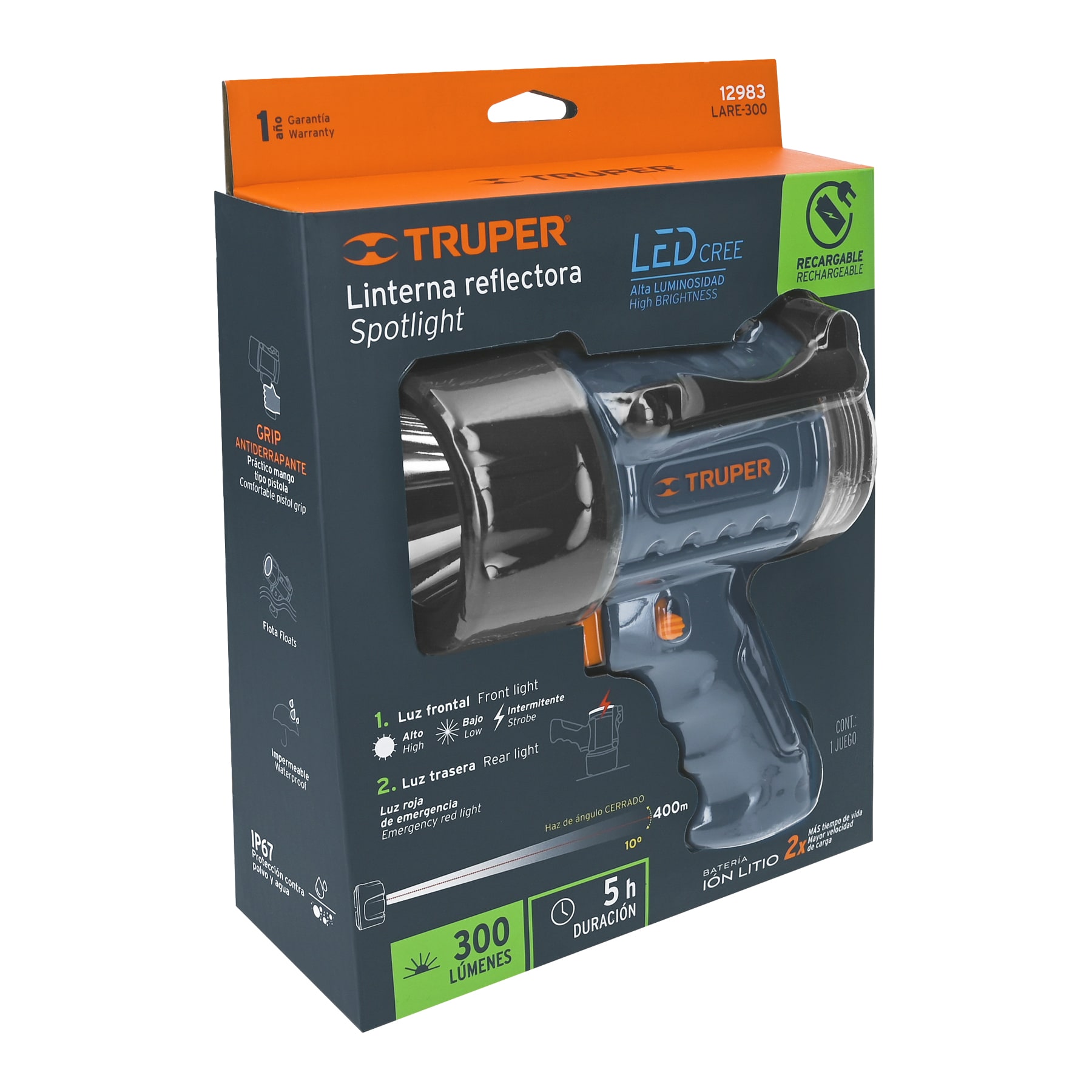 LÁMPARA RECARGABLE DE LED 300 LM ALTA POTENCIA, TRUPER 12983	