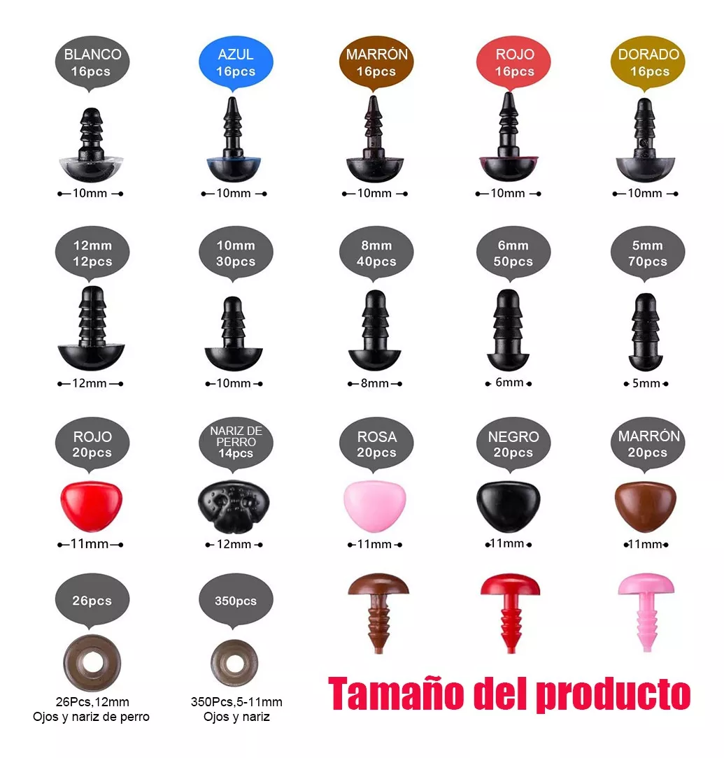 Set de Arte Ojos Y Nariz Seguridad Amigurumis Negros 5-12mm 752 Pzas 