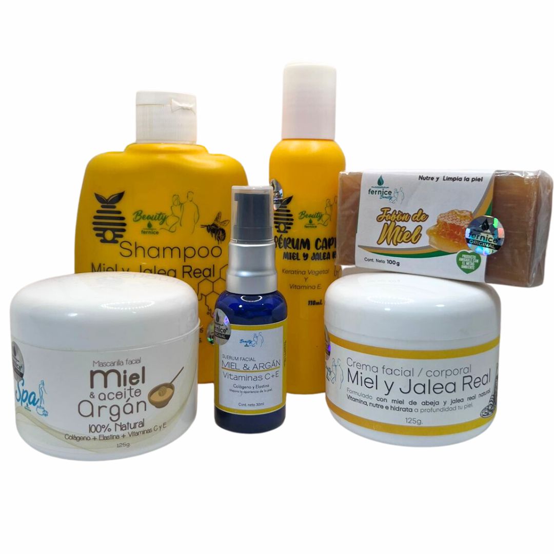 KIT CUIDADO PERSONAL DE MIEL (SERUM FACIAL, SERUM CAPILAR, CREMA, SHAMPOO, MASCARILLA Y JABON)