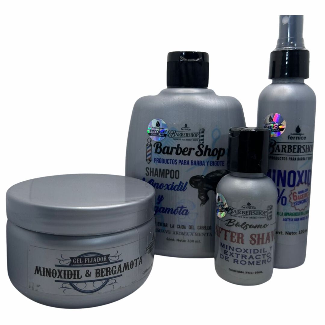 KIT CUIDADO PERSONAL DE MINOXIDIL (SHAMPOO,  MINOXIDIL 5%, GEL FIJADOR y AFTER SHAVE)