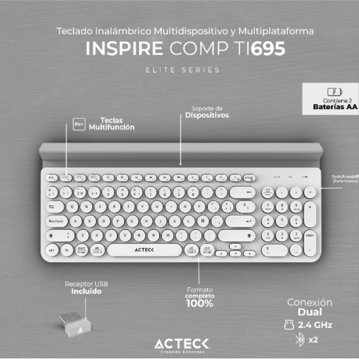 Teclado Inalámbrico Conexión Dual 2.4hz Bluetooth Inspire Comp TI695 Elite Series usb portátil