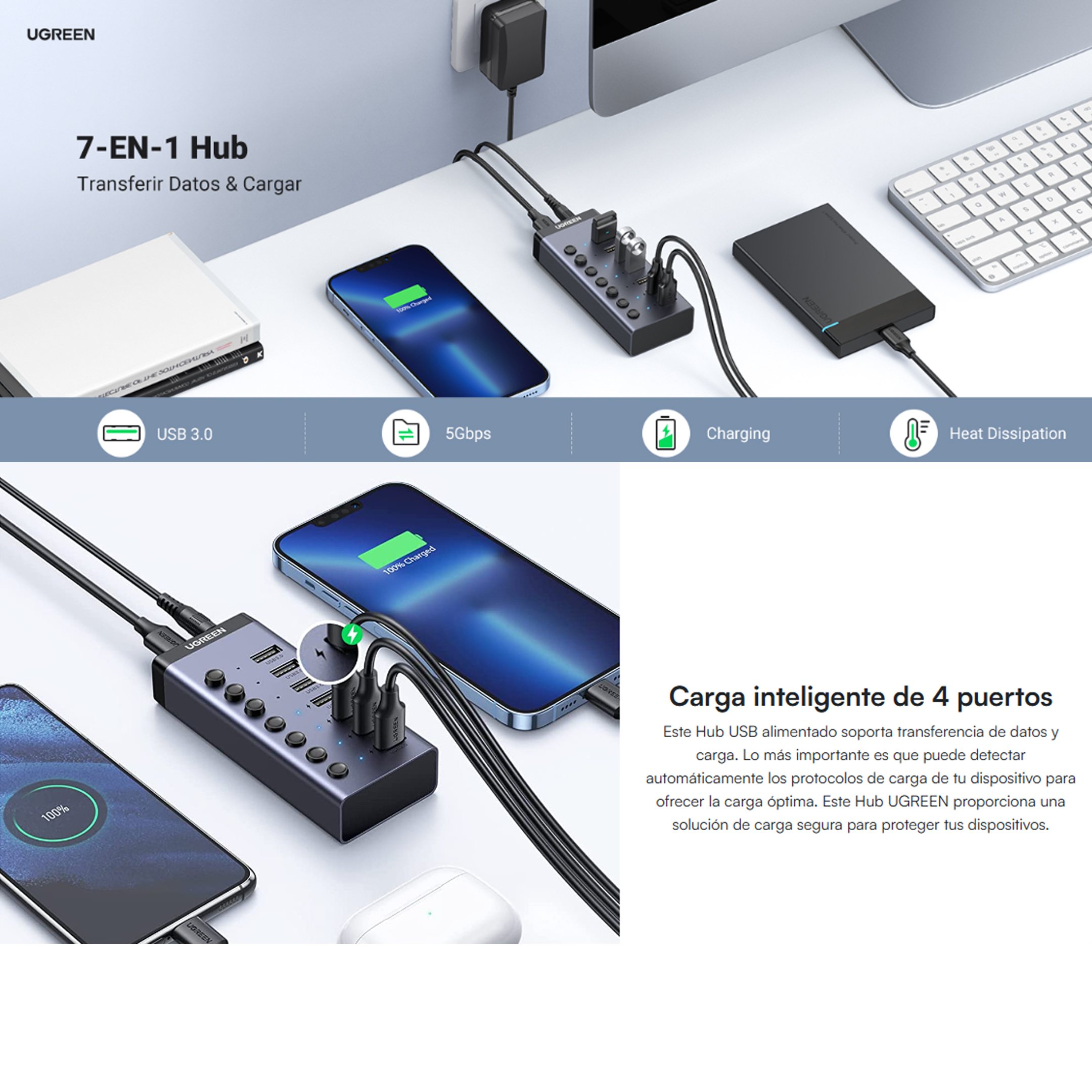 Hub De 7 Puertos Usb 3.0 Con 4 Puertos De Carga Inteligente, Interruptor Individual e Indicadores Led