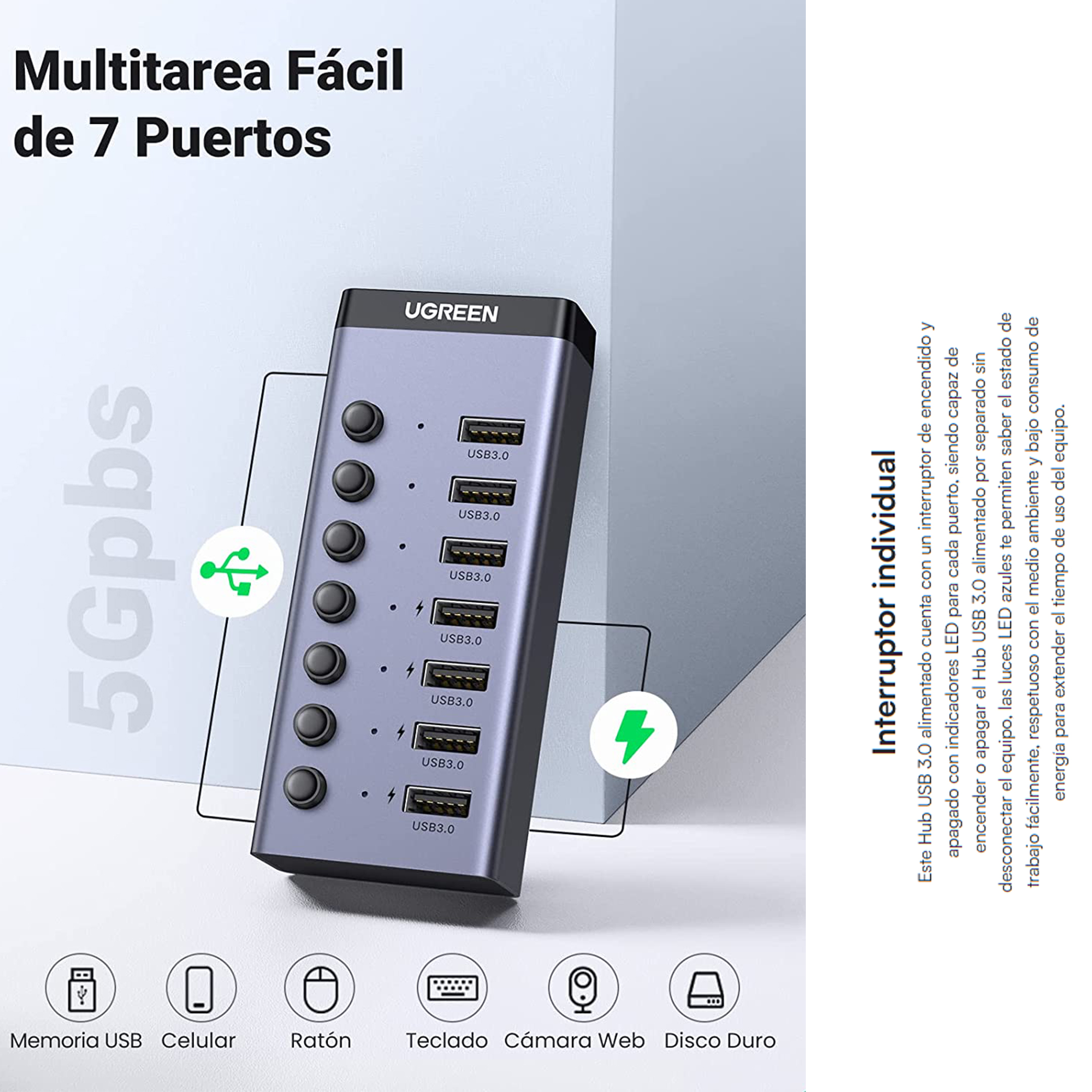 Hub De 7 Puertos Usb 3.0 Con 4 Puertos De Carga Inteligente, Interruptor Individual e Indicadores Led