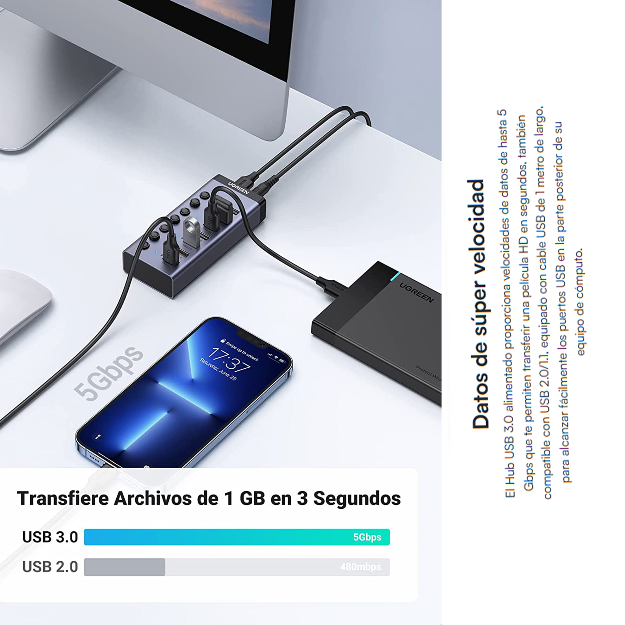 Hub De 7 Puertos Usb 3.0 Con 4 Puertos De Carga Inteligente, Interruptor Individual e Indicadores Led