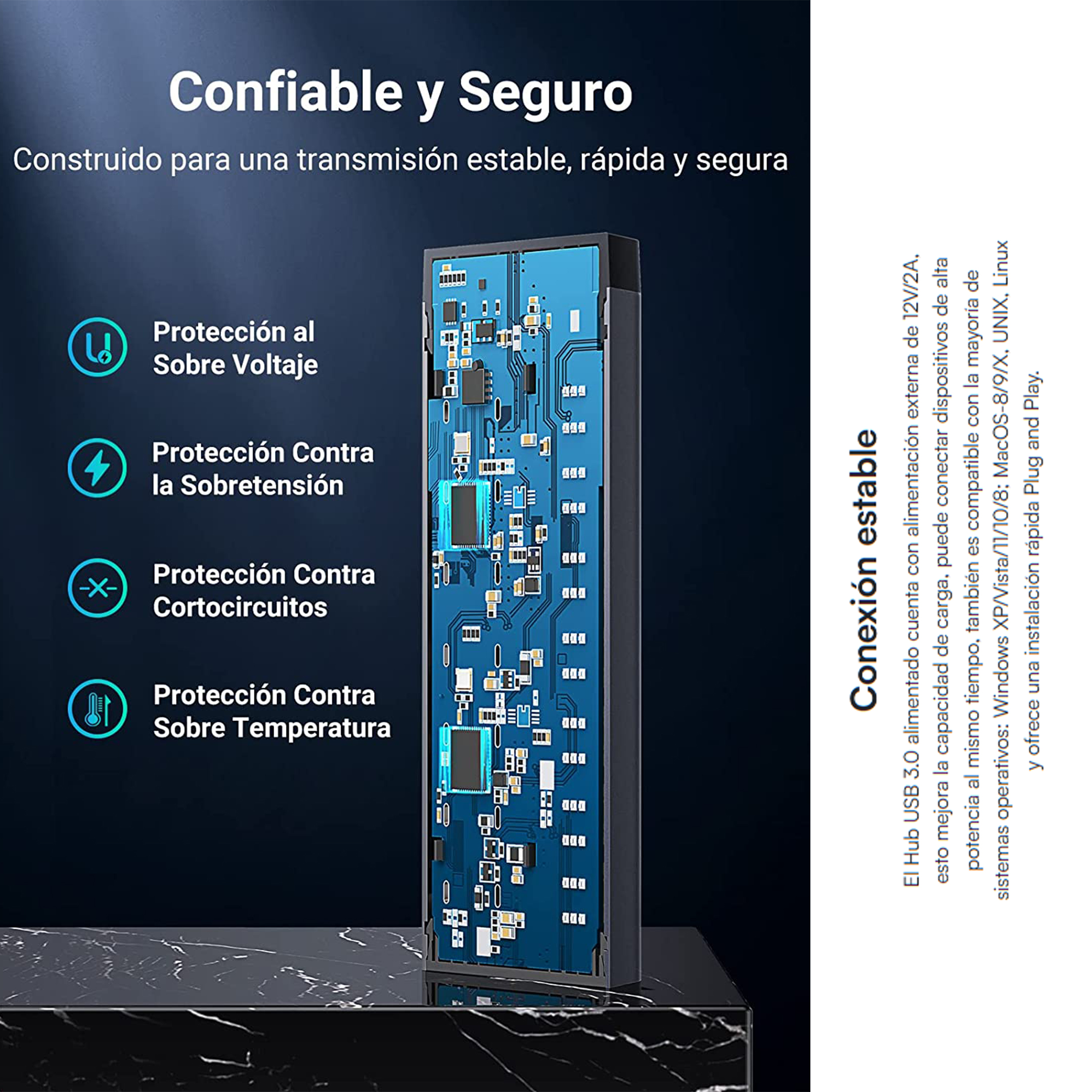 Hub De 7 Puertos Usb 3.0 Con 4 Puertos De Carga Inteligente, Interruptor Individual e Indicadores Led